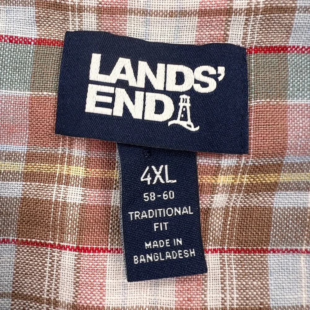 Lands End Linen Shirt‎ Plaid Short Sleeve Men 4XL Multicolor Coastal Resort